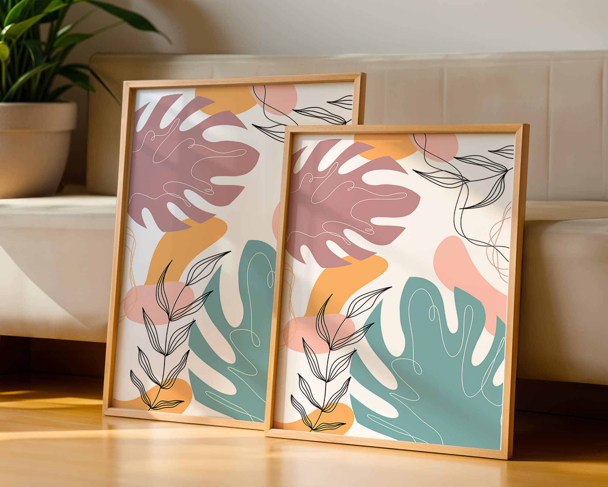 Abstract botanical illustration with colorful leaf patterns