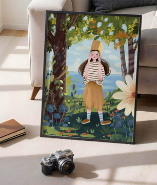 Whimsical Illustration of a Girl in Nature with Golden Hat