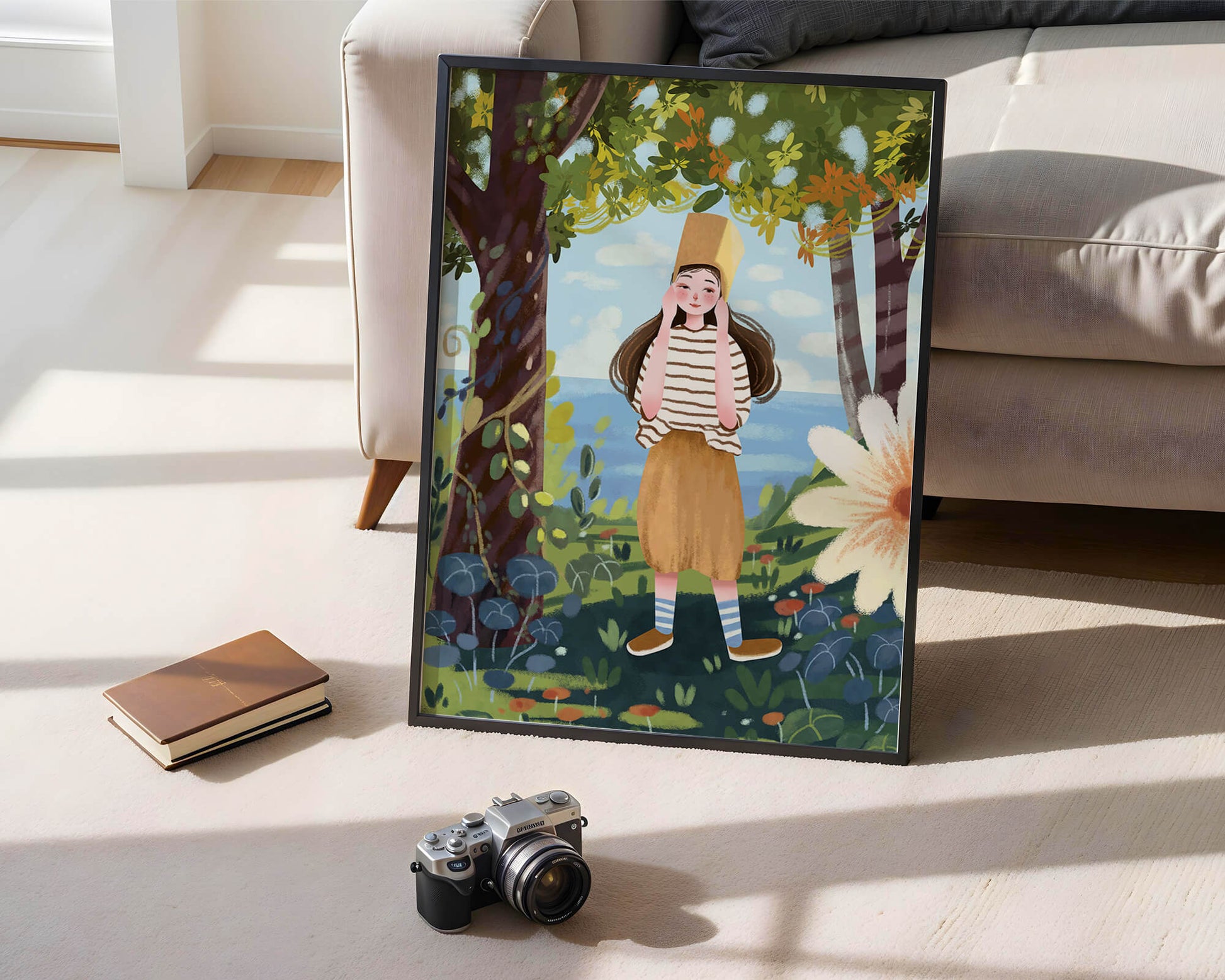 Whimsical Illustration of a Girl in Nature with Golden Hat