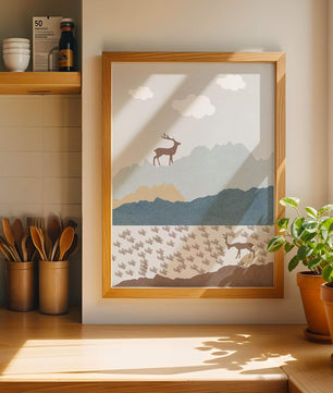 Majestic Deer and Mountain Landscape in Minimalist Style - Mi tienda