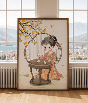 Charmante illustration d'une fille en tenue traditionnelle avec des feuilles de ginkgo