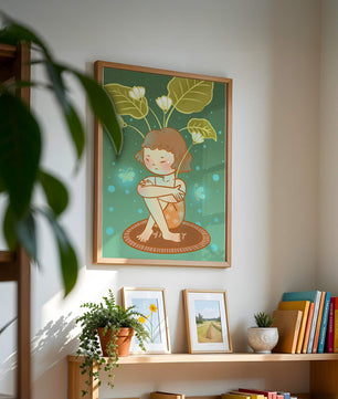 Ilustración de un niño con tocado floral y mariposas