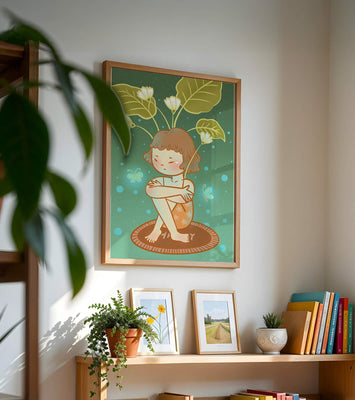 Child with floral headpiece and butterflies illustration