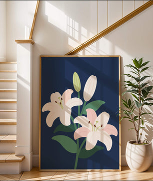 Elegante Lilien auf dunklem Blau