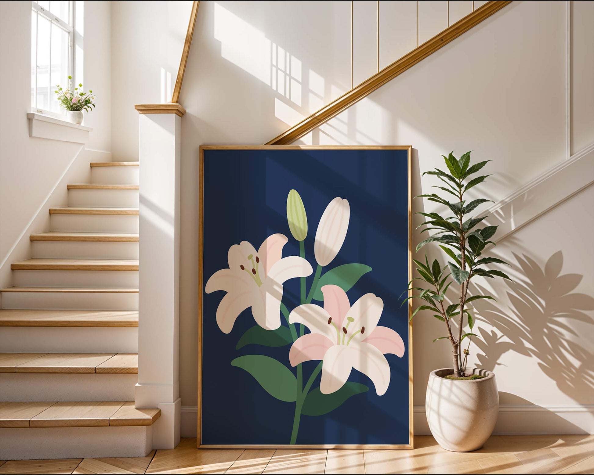 Lirios elegantes sobre un fondo azul oscuro