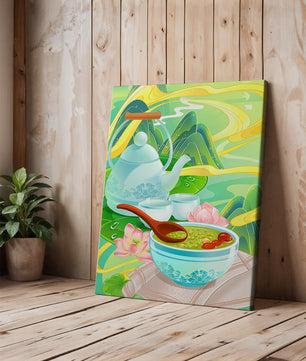 Tea ceremony with teapot and tea bowls amidst nature scenery