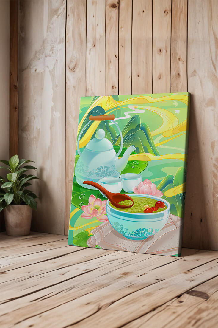 Ceremonia del té con tetera y cuencos de té en medio de un paisaje natural.