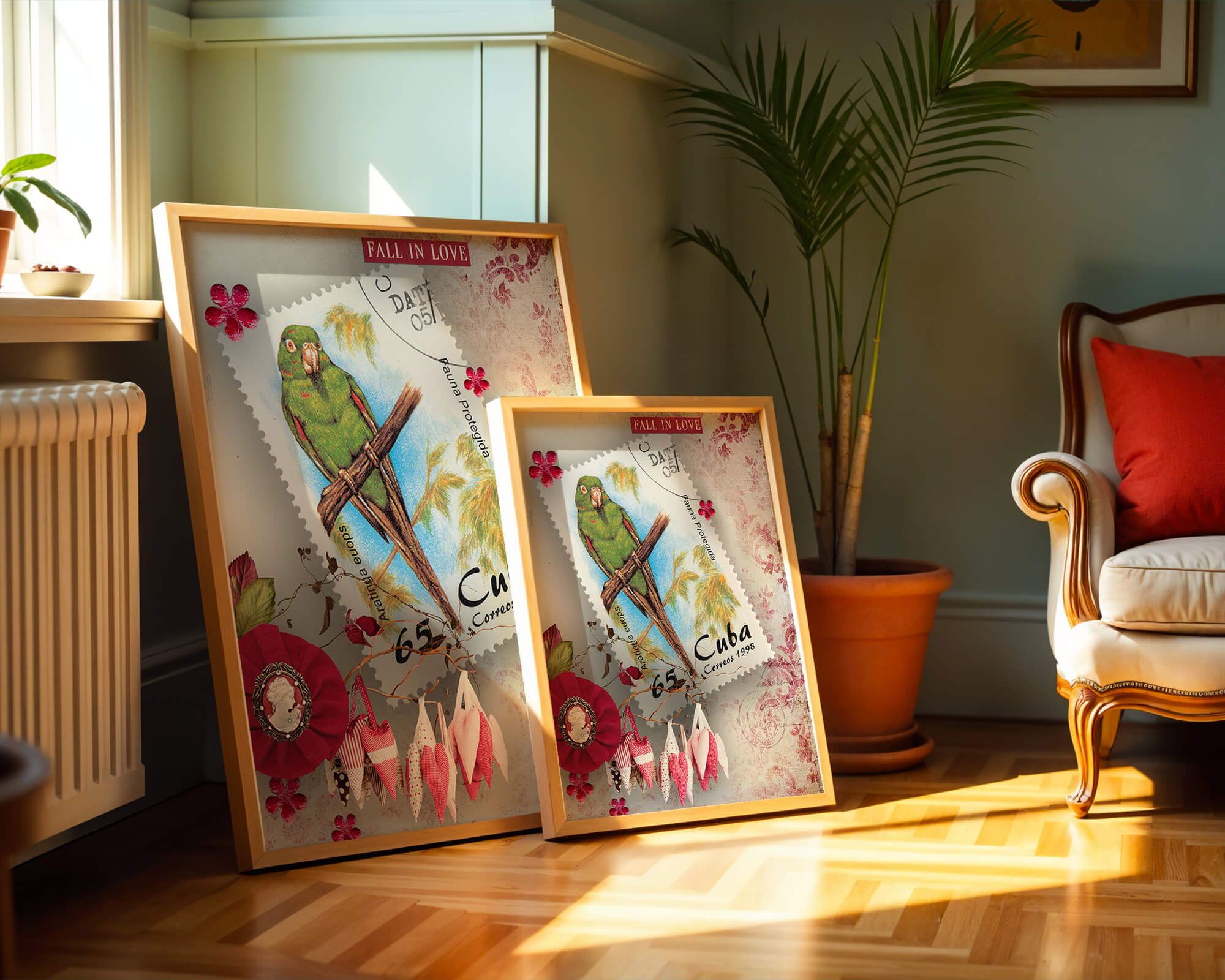 Vintage Cuban parrot stamp with romantic decorations