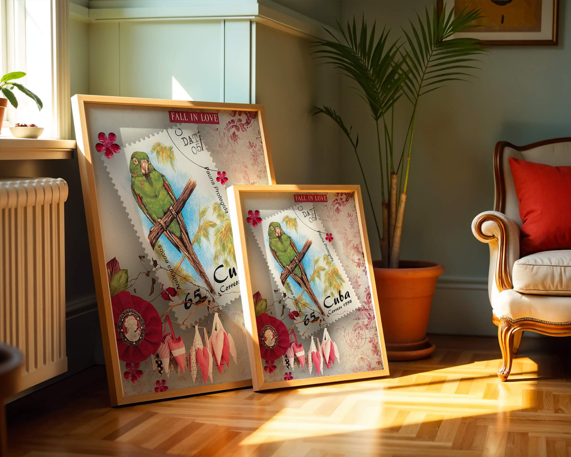Vintage Cuban parrot stamp with romantic decorations