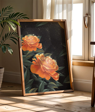Fantasía floral elegante con flores naranjas vibrantes y un brillo dorado