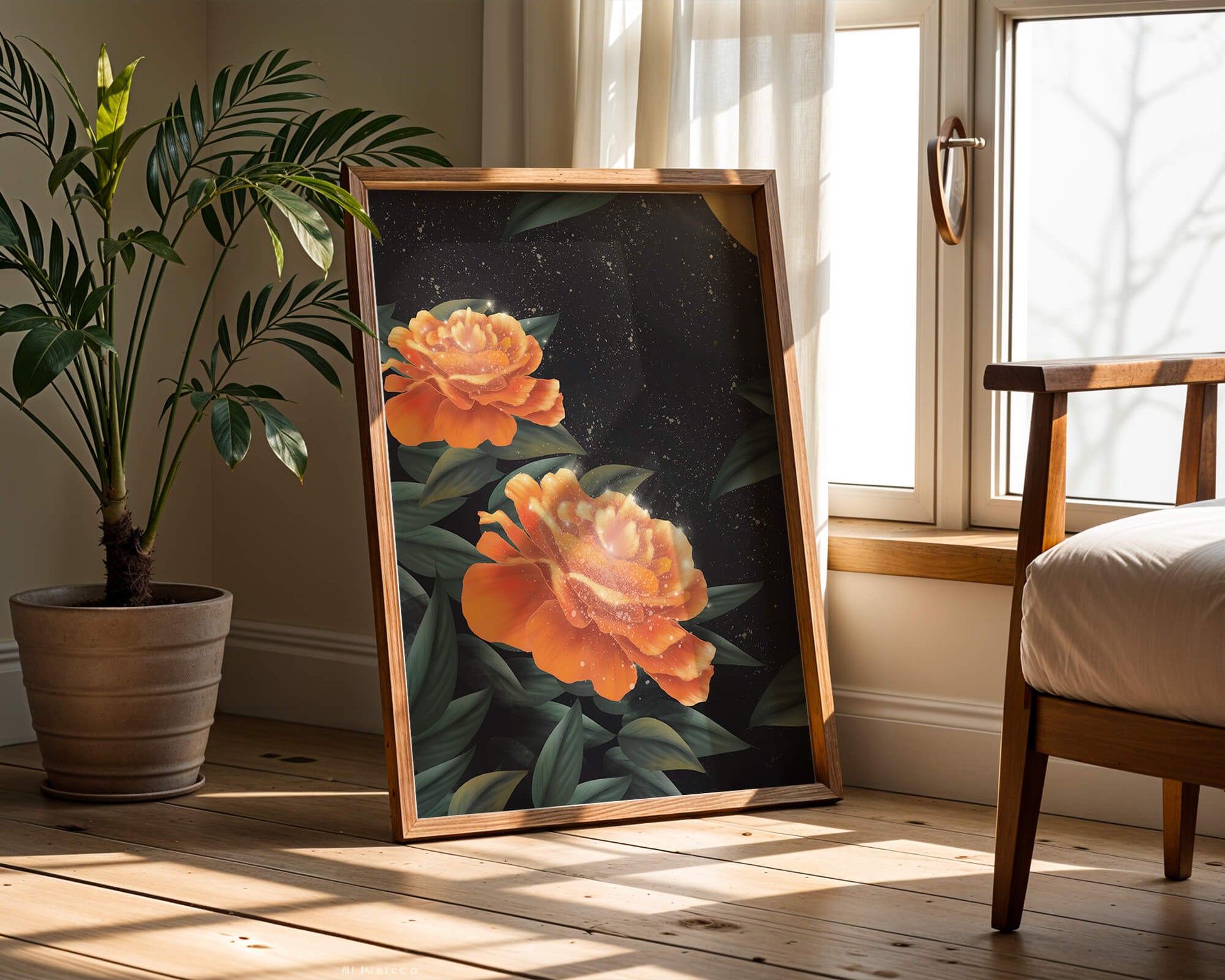 Fantasía floral elegante con flores naranjas vibrantes y un brillo dorado