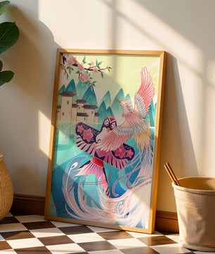 Illustration colorée d’oiseaux et de fleurs avec une architecture orientale