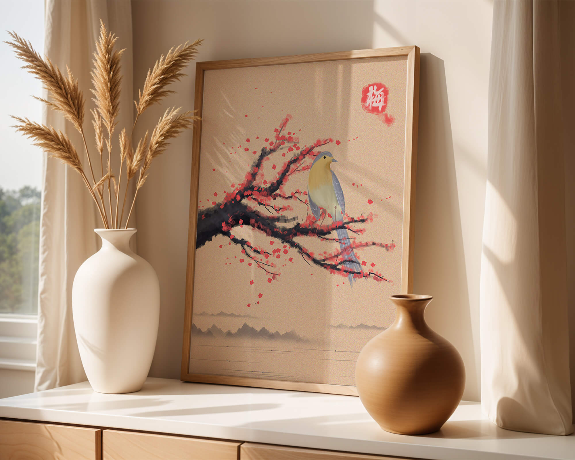 Serene bird on cherry blossom branch in traditional Asian art style