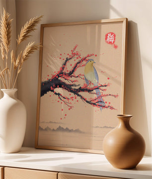 Oiseau serein sur une branche de cerisier dans le style artistique asiatique traditionnel