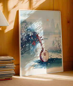 Paisaje tradicional chino con instrumento musical y flores