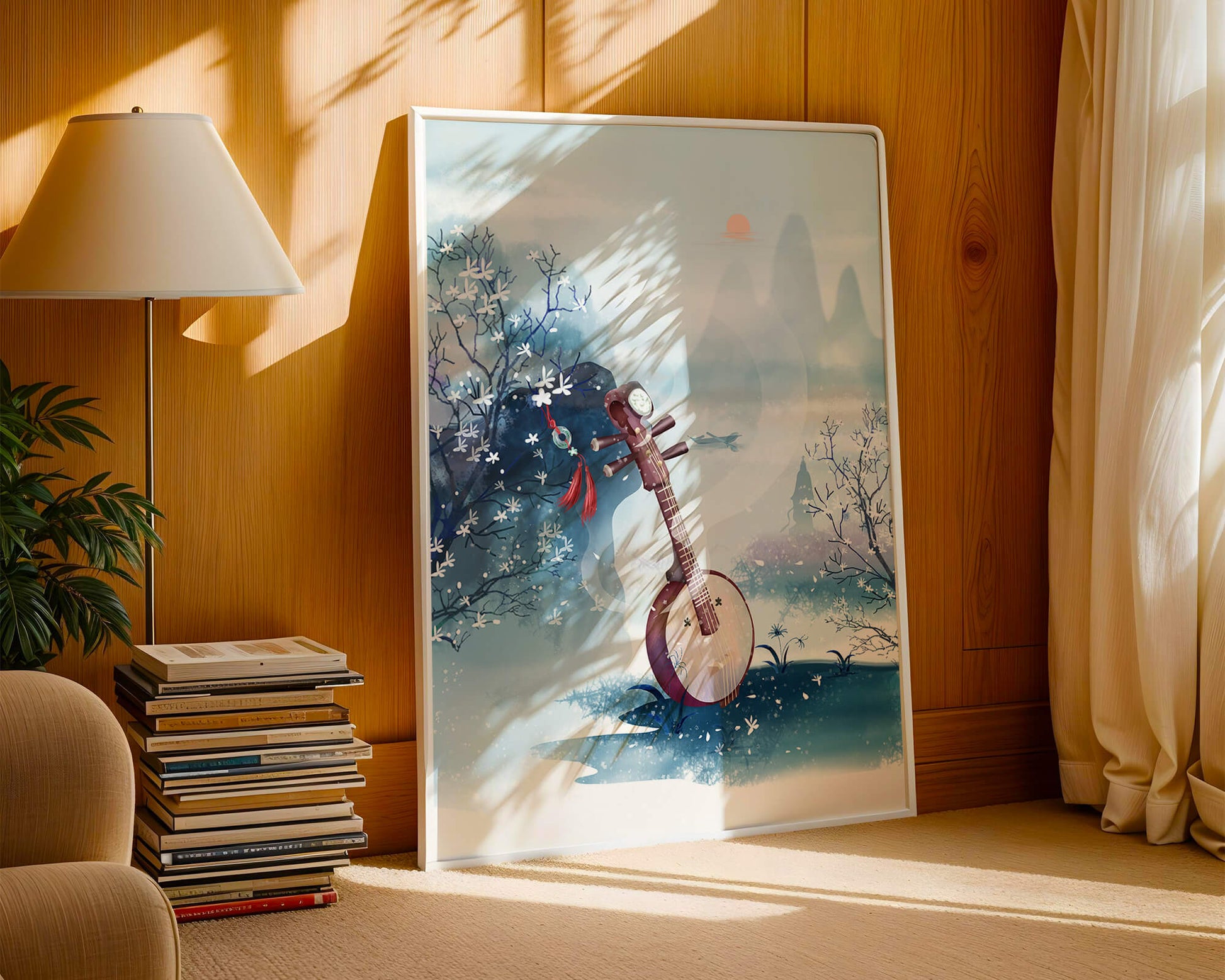 Paisaje tradicional chino con instrumento musical y flores