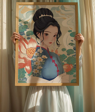 Una mujer elegante con vestido tradicional oriental con patrones florales y flores de loto