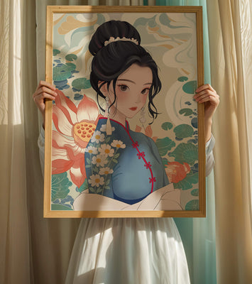 An Elegant Woman in Traditional Oriental Dress with Floral Patterns and Lotus Flowers