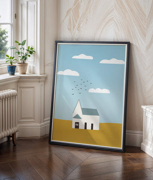 Paisaje minimalista con una casa blanca y cielo
