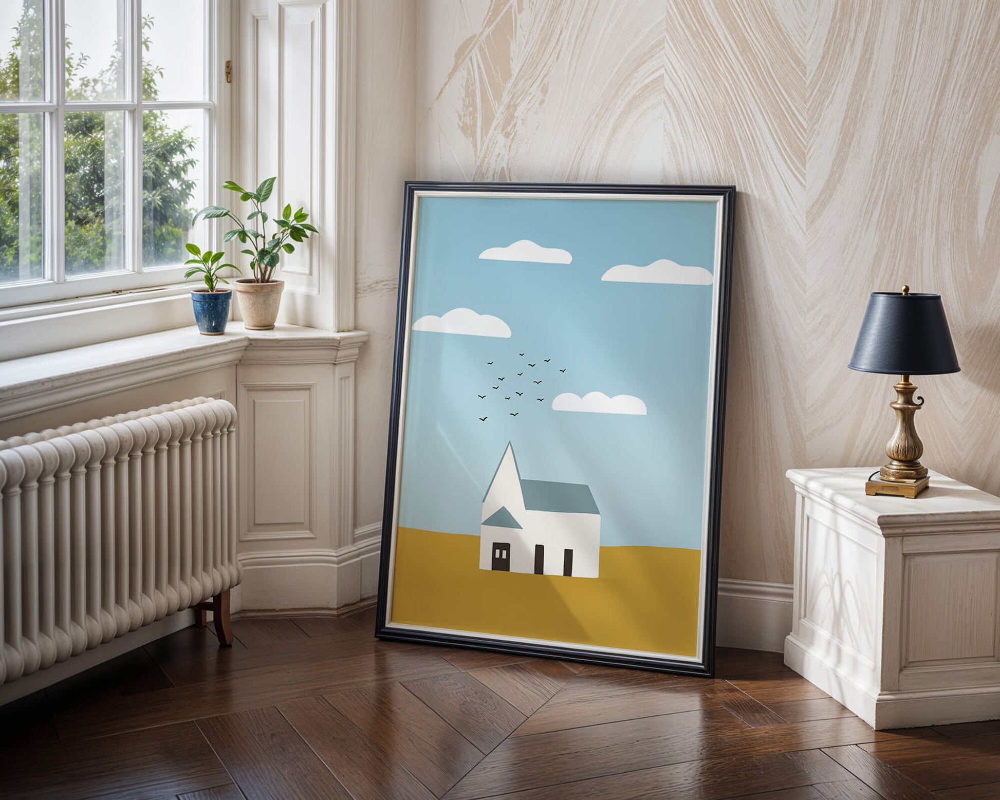 Minimalist Landscape with a White House and Sky