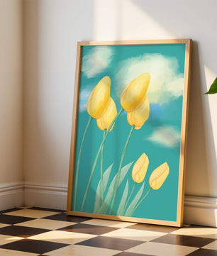 Stylized yellow tulips against a cloudy blue sky background