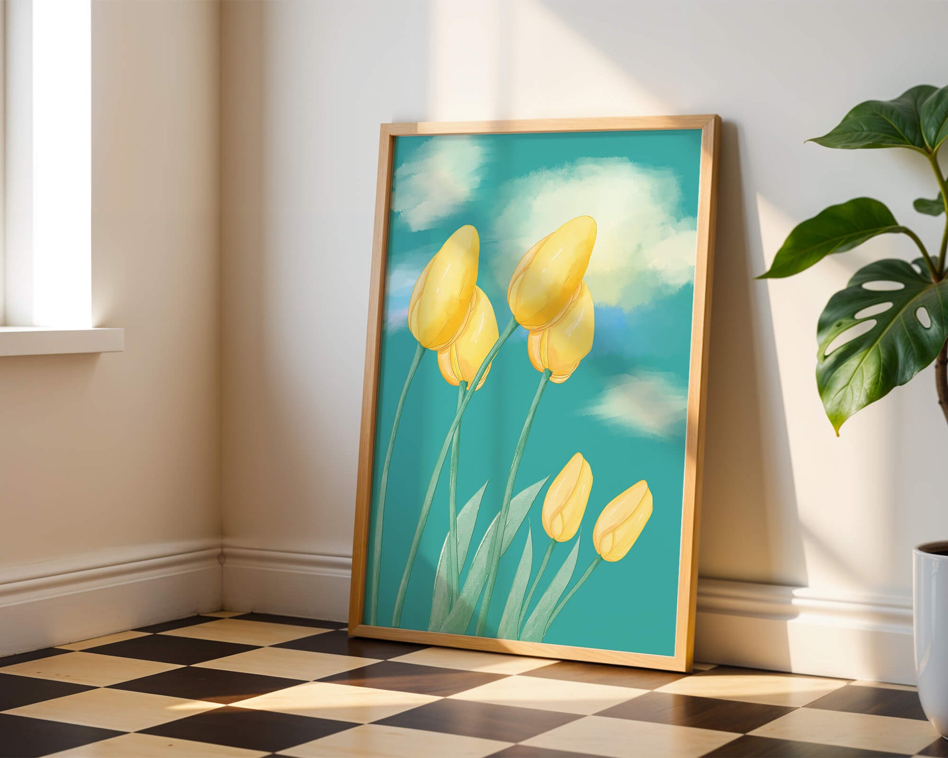 Stylized yellow tulips against a cloudy blue sky background