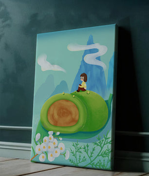 Serene Landscape with Child Sitting on Giant Leaf in Mountainous Fantasy Setting