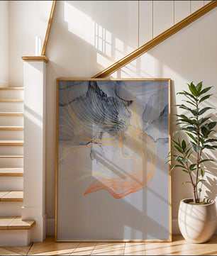 Elegantes abstraktes Design mit fließenden goldenen und orangefarbenen Linien auf blauem Hintergrund