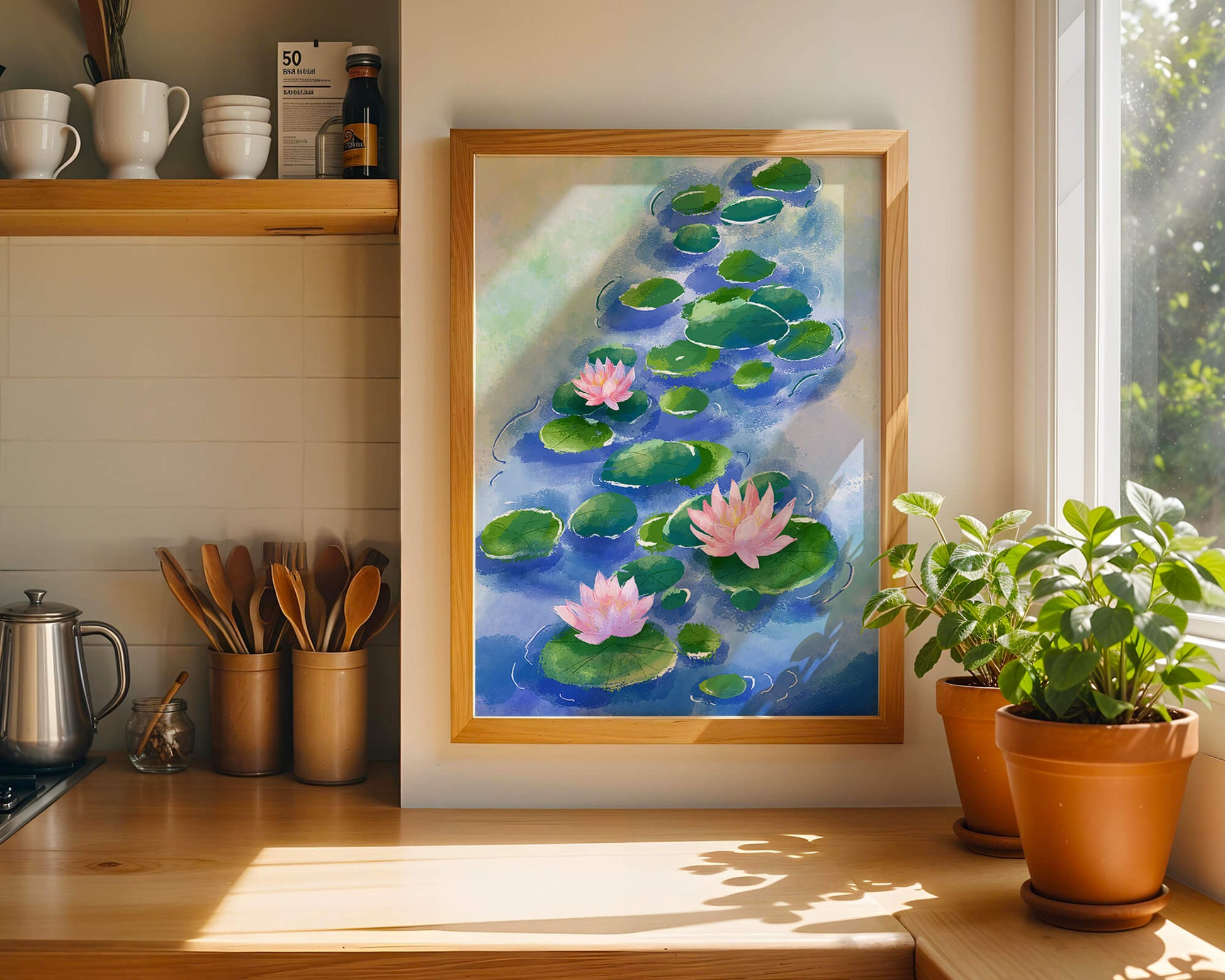 Escena acuática serena con flores de loto rosadas y nenúfares sobre una superficie de agua tranquila.
