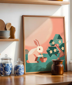 Conejo de origami abstracto con mortero y pistilo bajo un árbol en flor