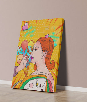 Retrato de mujer en arte pop colorido con globos y patrones vibrantes