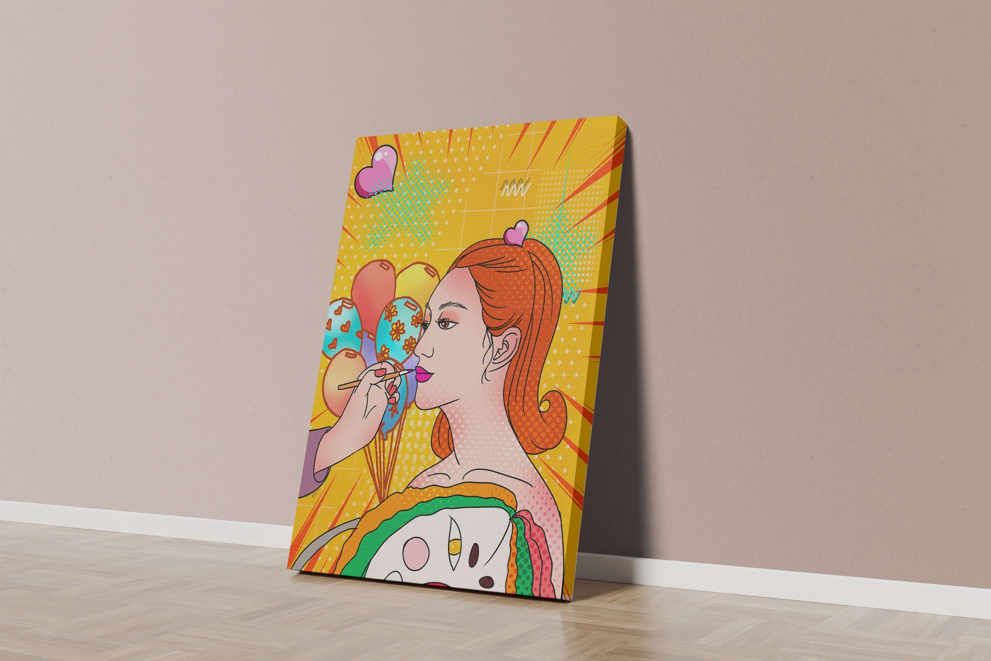 Colorful pop art woman portrait with balloons and vibrant patterns
