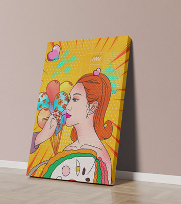 Colorful pop art woman portrait with balloons and vibrant patterns