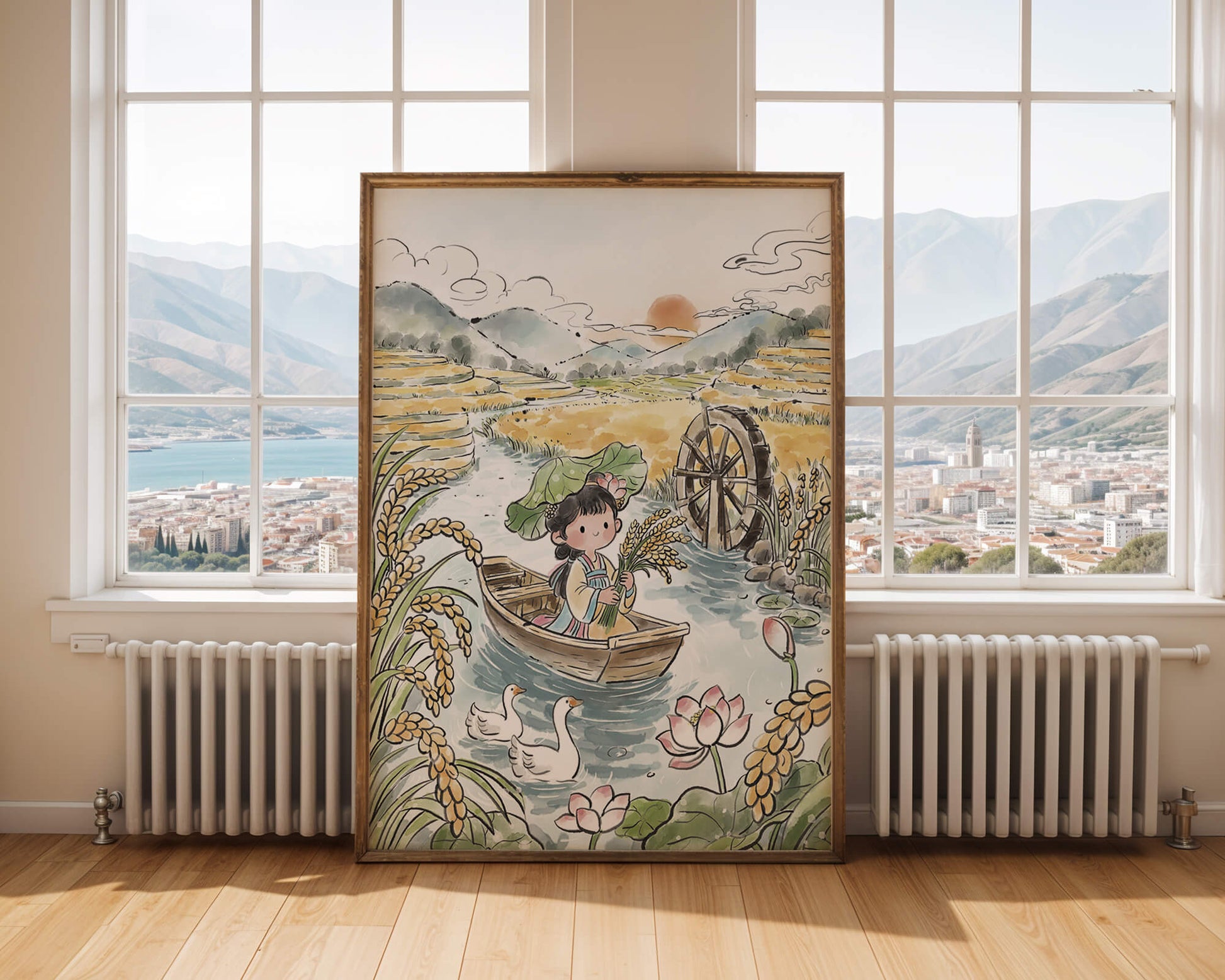 Niña en un bote con campos de arroz y atardecer de fondo