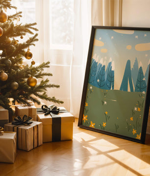 Landschaft mit schneebedeckten Bergen und Blumen im Cartoon-Stil