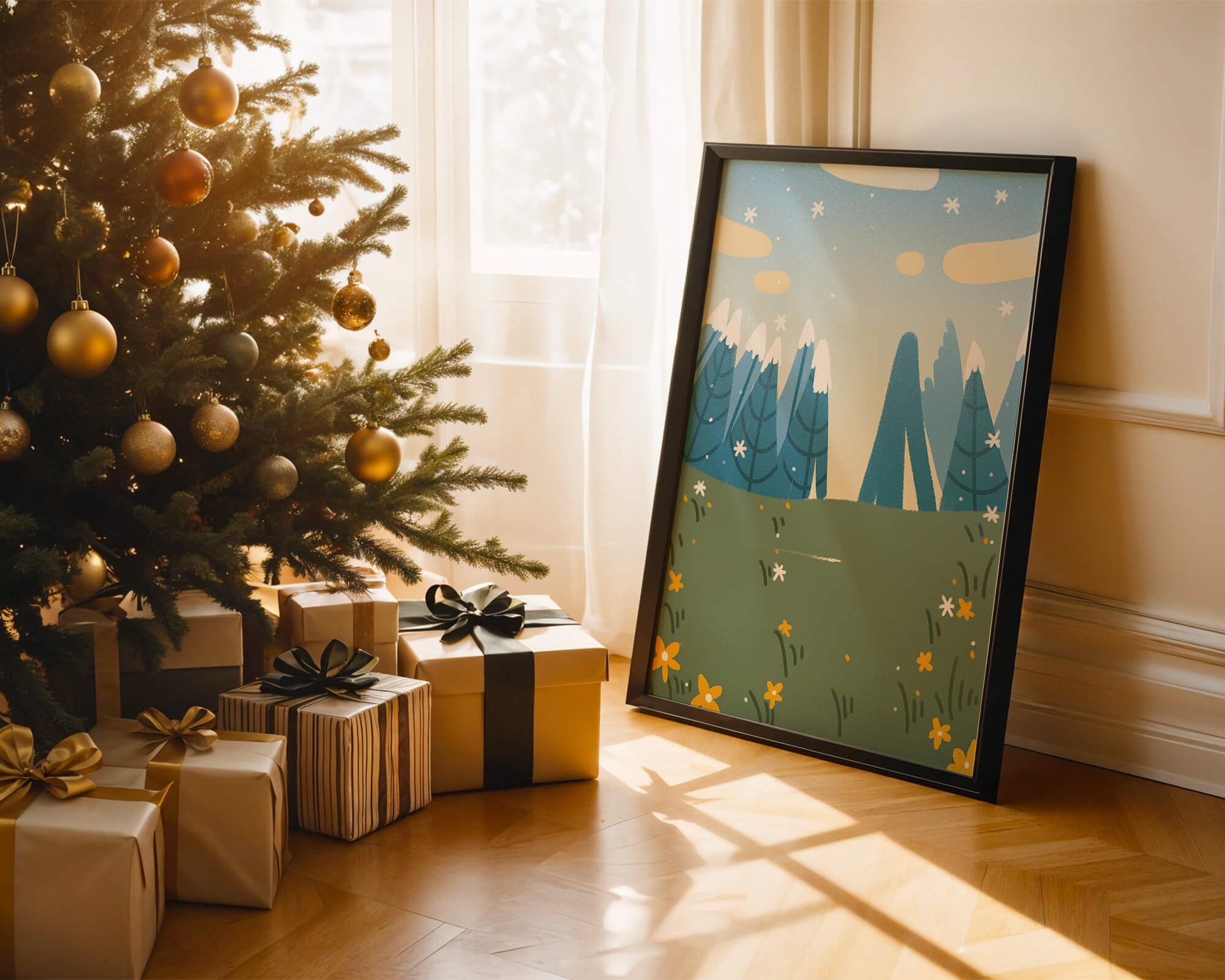Landschaft mit schneebedeckten Bergen und Blumen im Cartoon-Stil