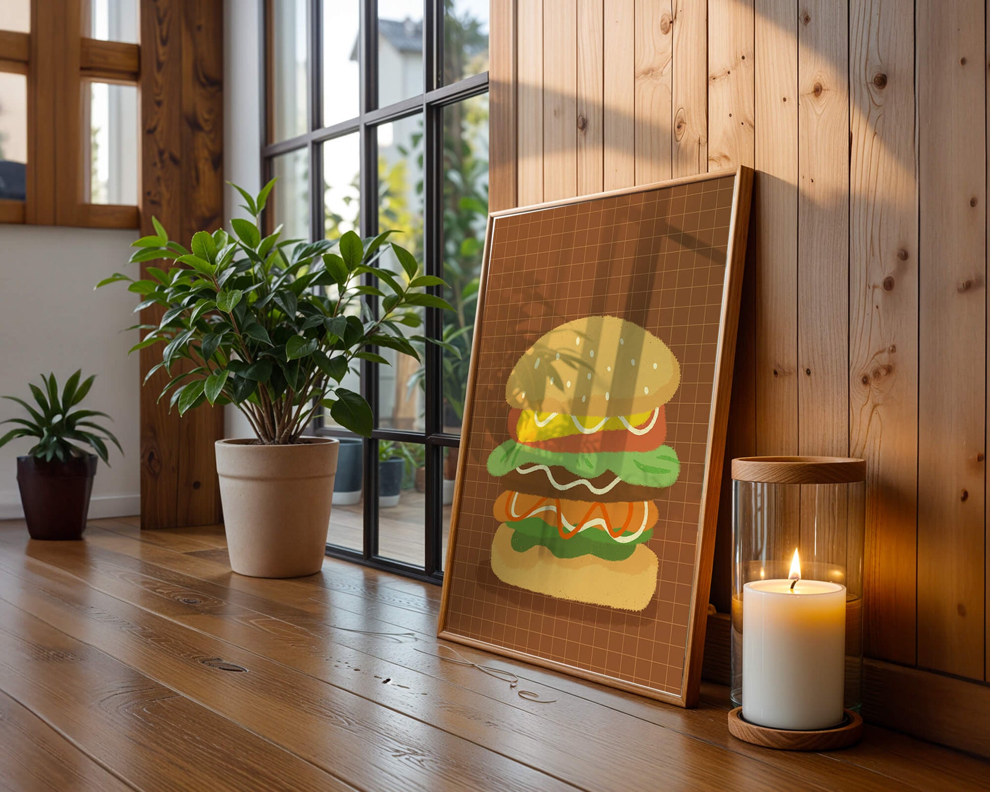 Illustrated cheeseburger with colorful layers on a grid background