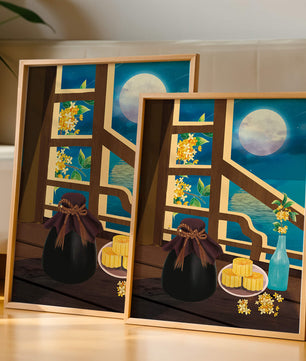 Noche iluminada por la luna con pasteles de luna y decoración floral sobre una mesa de madera