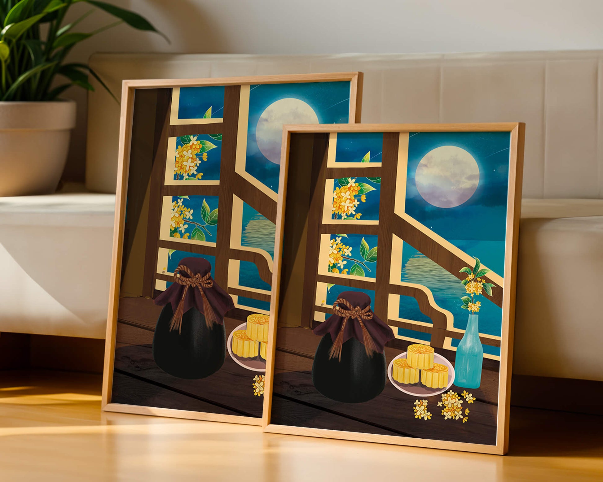 Noche iluminada por la luna con pasteles de luna y decoración floral sobre una mesa de madera