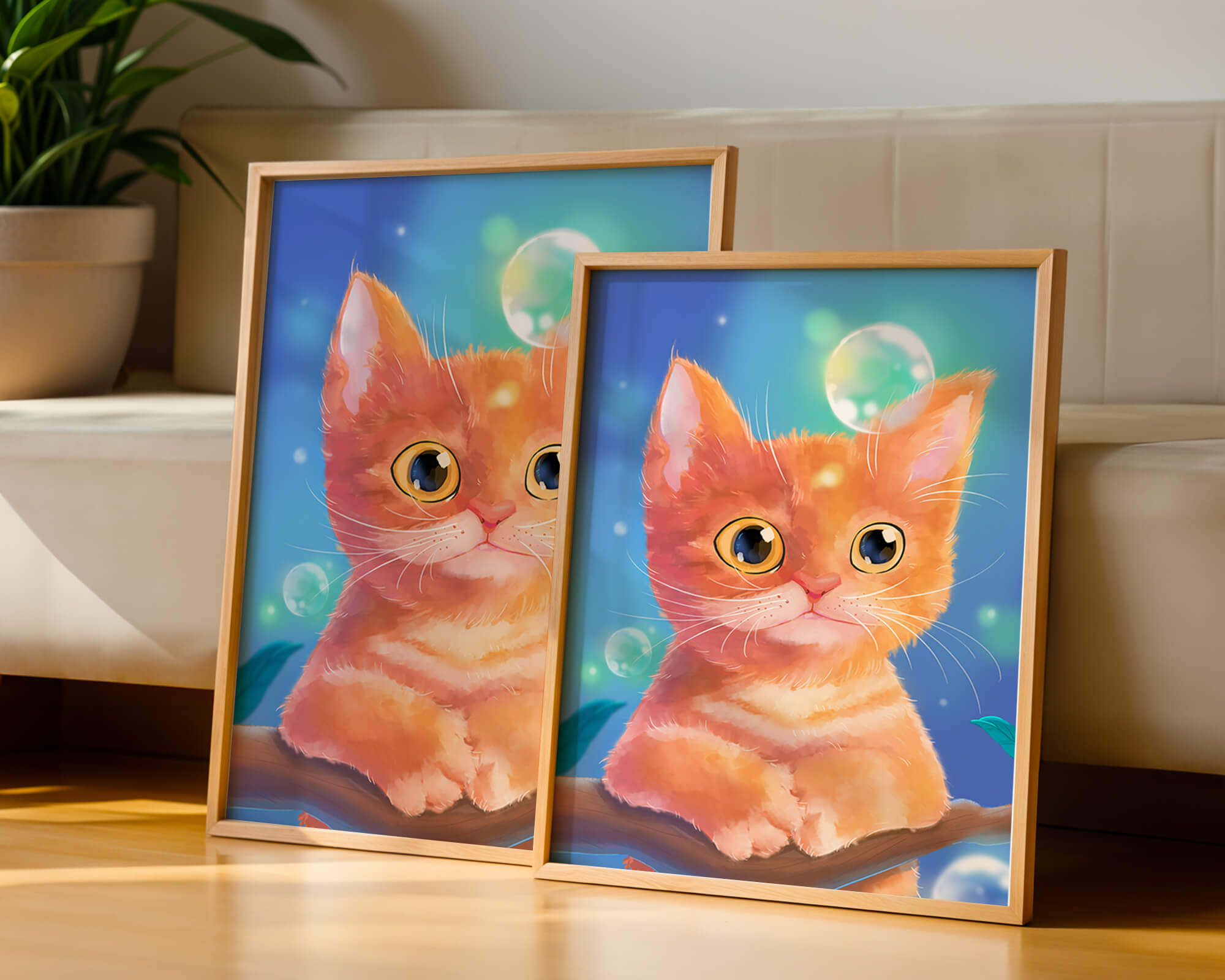 Adorable orange kitten illustration with bubbles and a colorful background