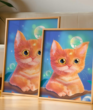 Adorable orange kitten illustration with bubbles and a colorful background