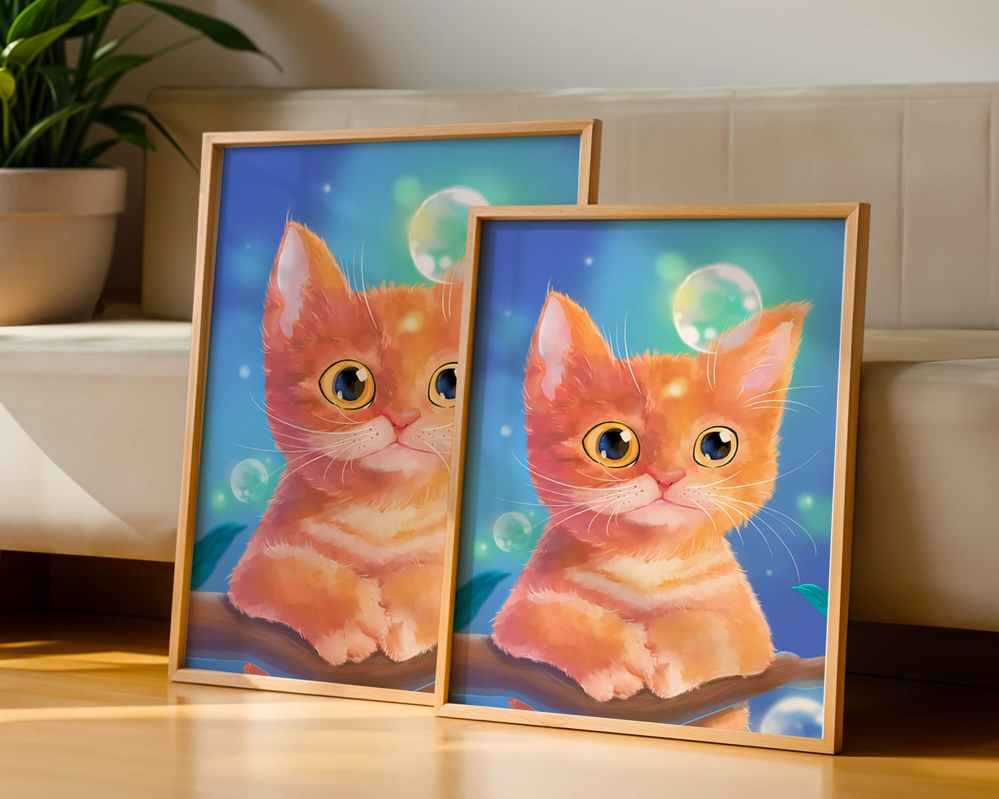 Adorable orange kitten illustration with bubbles and a colorful background