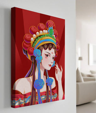 Traditional Asian art depicting stylized woman with ornate headdress