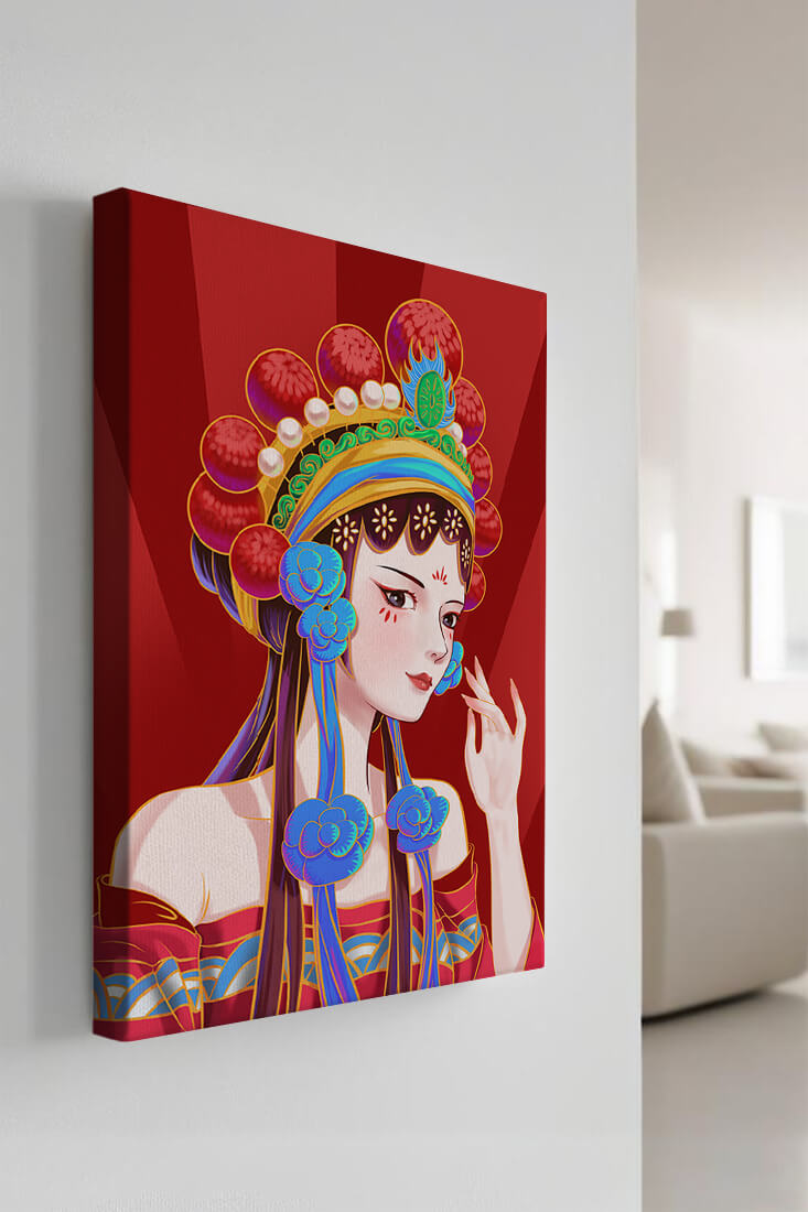 Traditional Asian art depicting stylized woman with ornate headdress