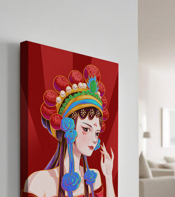 Traditional Asian art depicting stylized woman with ornate headdress