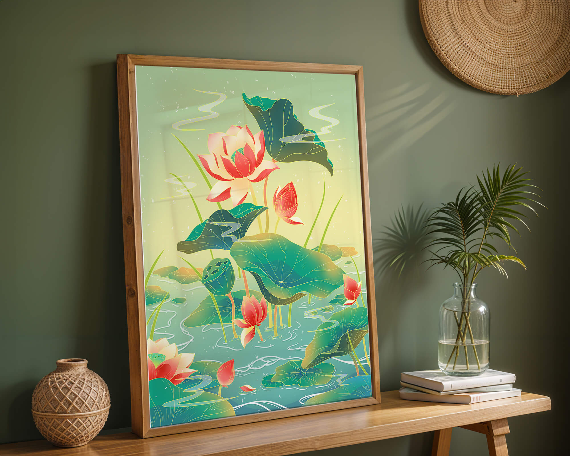 Serene lotus pond with vibrant lilies and lush green leaves