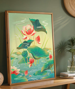 Serene lotus pond with vibrant lilies and lush green leaves