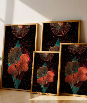Traducción al español: Ilustración floral cósmica abstracta con elementos geométricos y acentos dorados