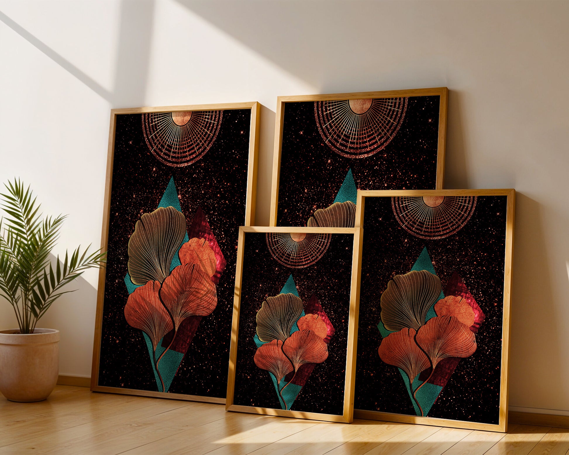 Traducción al español: Ilustración floral cósmica abstracta con elementos geométricos y acentos dorados