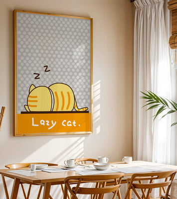 Sleeping cartoon cat with polka dot background